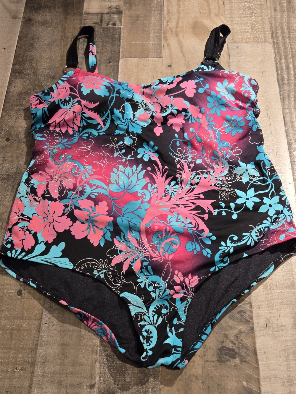 Tropical Escape Black One-Piece Swimsuit with Pink & Teal Floral Print